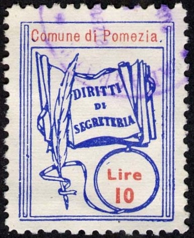 Marca da Bollo del Comune di POMEZIA su Carta Bianca Sottile di dimensioni 20,5 x 26,5 mm