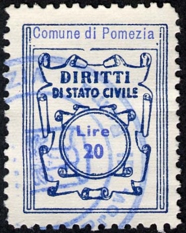 Marca da Bollo del Comune di POMEZIA su Carta Bianca Sottile di dimensioni 20,5 x 26,5 mm