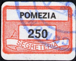 Marca da Bollo del Comune di POMEZIA su Carta Bianca di dimensioni 19 x 13 mm