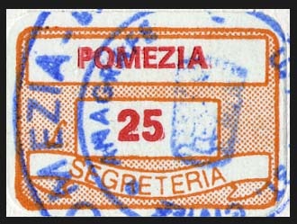 Marca da Bollo del Comune di POMEZIA su Carta Bianca di dimensioni 19 x 13,5 mm