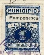 Marca da Bollo del Comune di POMPONESCO su Carta Bianca di dimensioni 24 x 34,5 mm