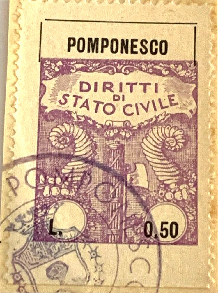 Marca da Bollo del Comune di POMPONESCO su Carta Bianca di dimensioni 21 X 32 mm