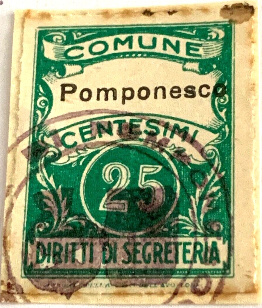 Marca da Bollo del Comune di POMPONESCO su Carta Bianca di dimensioni 22 x 28 mm