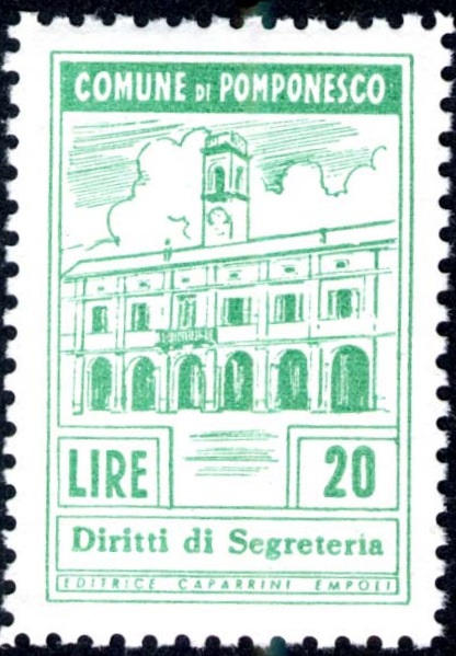 Marca da Bollo del Comune di POMPONESCO su Carta Bianca di dimensioni 22,5 x 34,5 mm