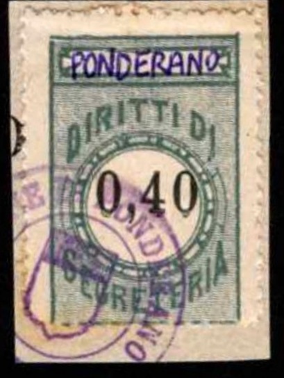 Marca da Bollo del Comune di PONDERANO su Carta Bianca di dimensioni 22,5 X 33 mm