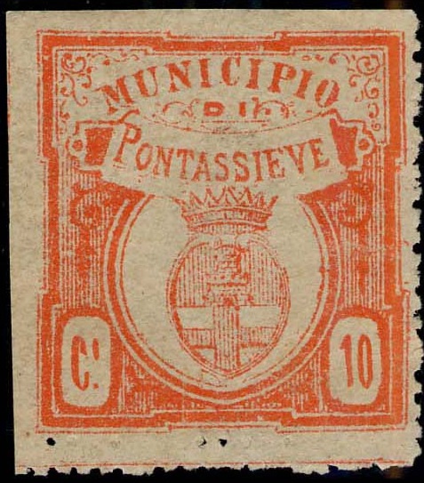 Marca da Bollo del Comune di PONTASSIEVE su Carta Bianca Sottile di dimensioni 29 x 32 mm