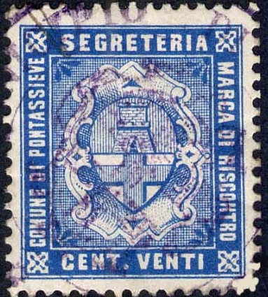 Marca da Bollo del Comune di PONTASSIEVE su Carta Bianca di dimensioni 22,5 x 25,5 mm
