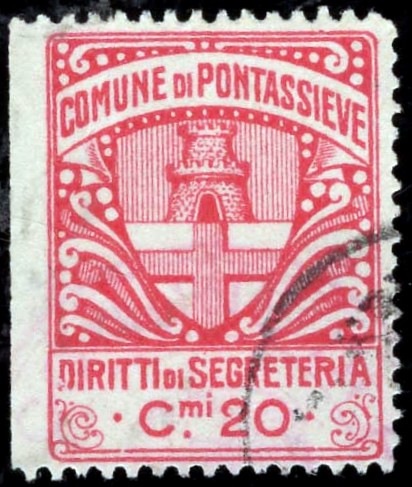 Marca da Bollo del Comune di PONTASSIEVE su Carta Bianca Sottile di dimensioni 22 x 29,5 mm