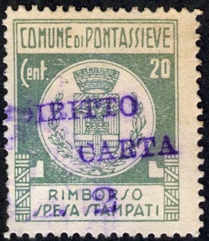 Marca da Bollo del Comune di PONTASSIEVE su Carta Bianca di dimensioni 21 X 27 mm