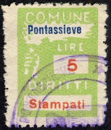 Marca da Bollo del Comune di PONTASSIEVE su Carta Bianca di dimensioni 18,5 x 26 mm