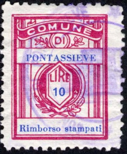 Marca da Bollo del Comune di PONTASSIEVE su Carta Bianca di dimensioni 21,5 x 28,5 mm