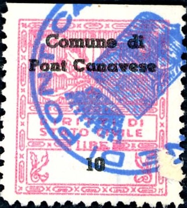 Marca da Bollo del Comune di PONT CANAVESE su Carta Bianca di dimensioni 21 x 24 mm