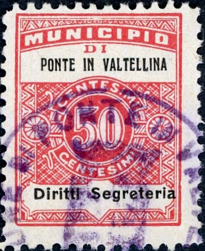 Marca da Bollo del Comune di PONTE IN VALTELLINA su Carta Bianca di dimensioni 22,5 x 29 mm