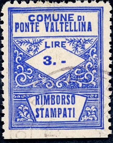 Marca da Bollo del Comune di PONTE IN VALTELLINA su Carta Bianca Sottile di dimensioni 22 x 29 mm