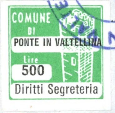 Marca da Bollo del Comune di PONTE IN VALTELLINA su Carta Bianca di dimensioni 20 x 20 mm