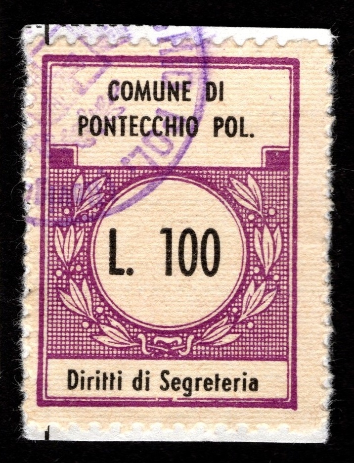 Marca da Bollo del Comune di PONTECCHIO POLESINE su Carta Bianca di dimensioni 19,5 x 28,5 mm