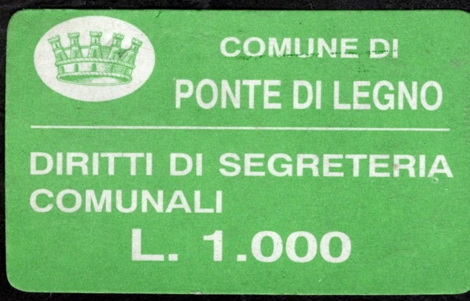 Marca da Bollo del Comune di PONTE DI LEGNO su Carta Bianca di dimensioni 22 x 14 mm