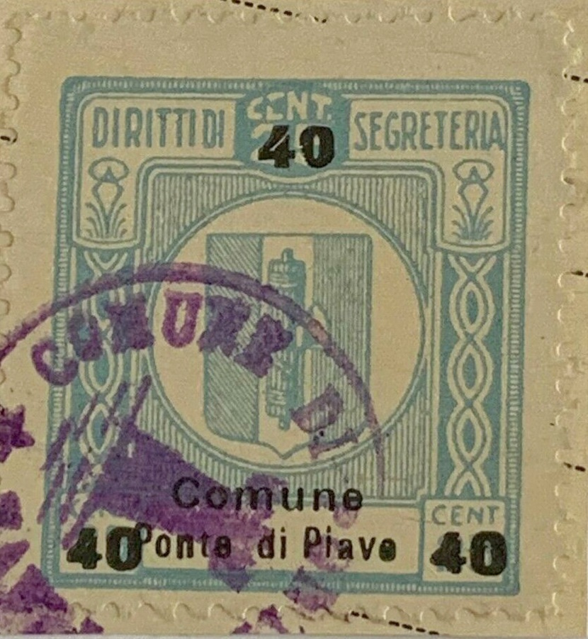 Marca da Bollo del Comune di PONTE DI PIAVE su Carta Bianca Sottile di dimensioni 24 x 26,5 mm
