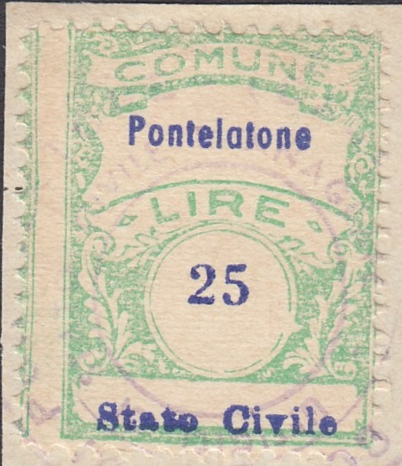 Marca da Bollo del Comune di PONTELATONE su Carta Bianca Sottile di dimensioni 21 x 23,5 mm