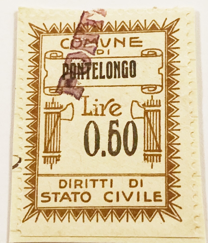 Marca da Bollo del Comune di PONTELONGO su Carta Bianca di dimensioni 21 X 32 mm