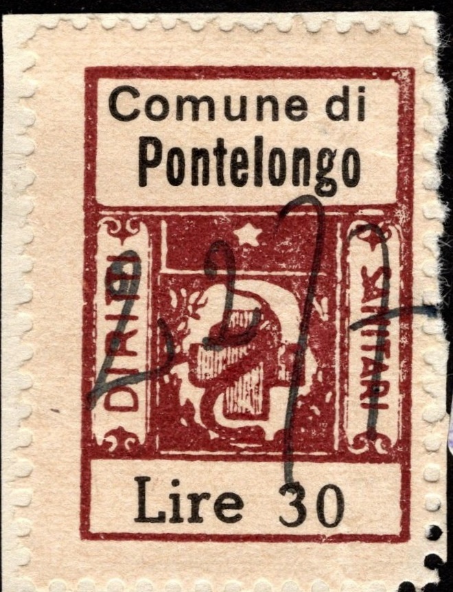 Marca da Bollo del Comune di PONTELONGO su Carta Bianca Sottile di dimensioni 18 x 27 mm