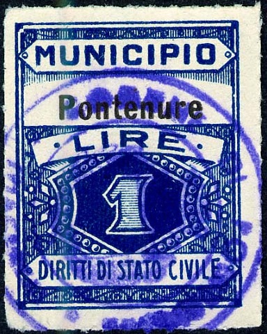 Marca da Bollo del Comune di PONTENURE su Carta Bianca Sottile di dimensioni 22,5 x 29 mm