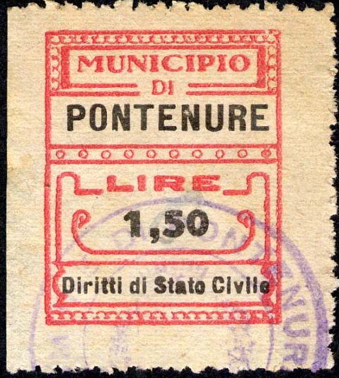 Marca da Bollo del Comune di PONTENURE su Carta Bianca di dimensioni 23 x 29 mm