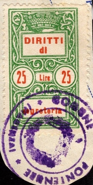 Marca da Bollo del Comune di PONTENURE su Carta Bianca di dimensioni 23 x 32 mm
