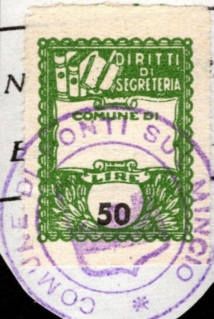 Marca da Bollo del Comune di PONTI SUL MINCIO su Carta Bianca di dimensioni 22 x 28 mm