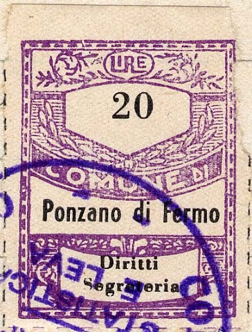 Marca da Bollo del Comune di PONZANO DI FERMO su Carta Bianca di dimensioni 21,5 x 28 mm