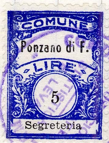 Marca da Bollo del Comune di PONZANO DI FERMO su Carta Bianca Sottile di dimensioni 22,5 x 29 mm