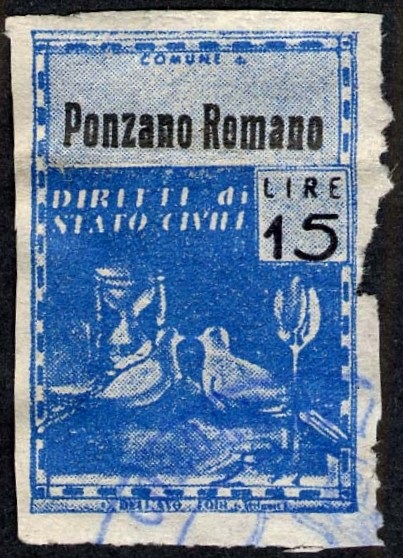 Marca da Bollo del Comune di PONZANO ROMANO su Carta Bianca Sottile di dimensioni 21,5 x 32 mm