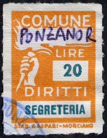 Marca da Bollo del Comune di PONZANO ROMANO su Carta Bianca Sottile di dimensioni 18,5 x 26 mm