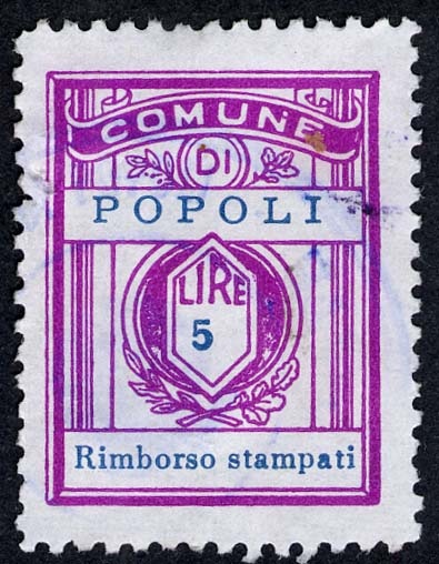 Marca da Bollo del Comune di POPOLI su Carta Bianca Sottile di dimensioni 21 x 28 mm
