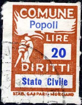 Marca da Bollo del Comune di POPOLI su Carta Bianca di dimensioni 18,5 x 26 mm