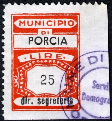 Marca da Bollo del Comune di PORCIA su Carta Bianca Sottile di dimensioni 20 x 28 mm