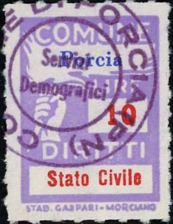 Marca da Bollo del Comune di PORCIA su Carta Bianca Sottile di dimensioni 18,5 x 26 mm