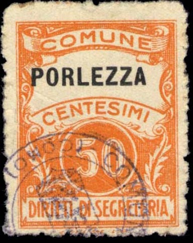 Marca da Bollo del Comune di PORLEZZA su Carta Bianca Sottile di dimensioni 22 x 29 mm