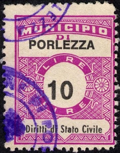 Marca da Bollo del Comune di PORLEZZA su Carta Bianca di dimensioni 22,5 x 29 mm