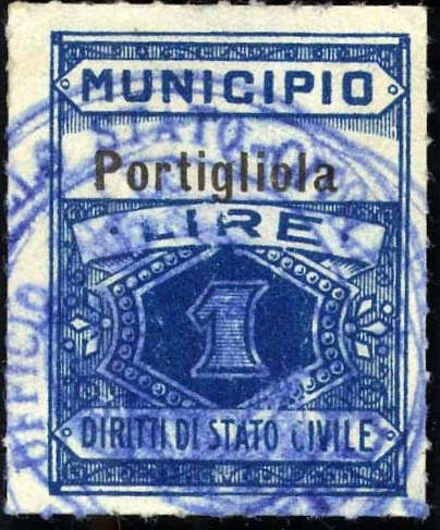 Marca da Bollo del Comune di PORTIGLIOLA su Carta Bianca Sottile di dimensioni 22,5 x 29 mm