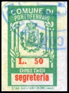 Marca da Bollo del Comune di PORTOFERRAIO su Carta Bianca Sottile di dimensioni 18 x 27 mm