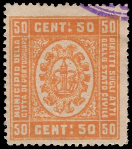 Marca da Bollo del Comune di PORTOGRUARO su Carta Bianca Sottile di dimensioni 22,5 x 25 mm
