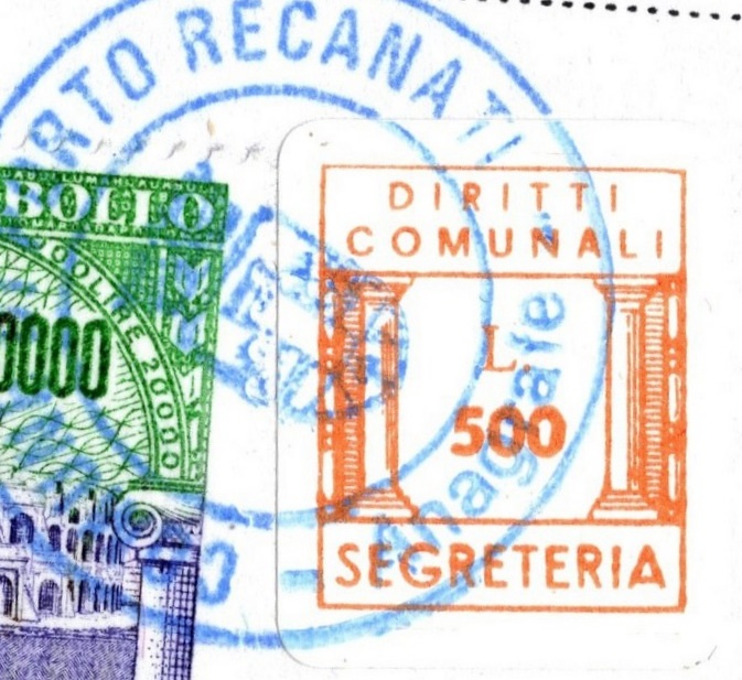 Marca da Bollo del Comune di PORTO RECANATI su Carta Bianca di dimensioni 20 x 20 mm