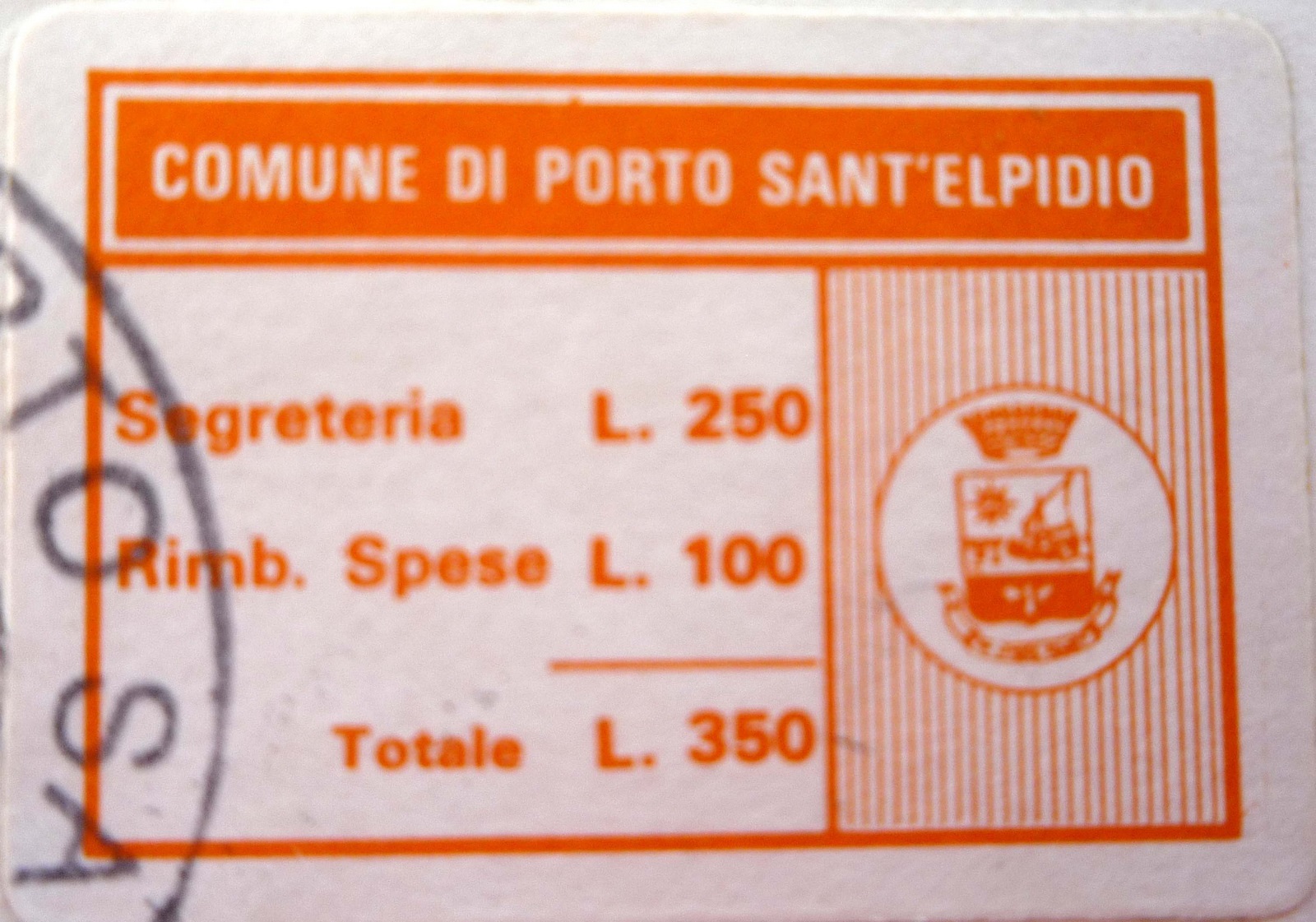 Marca da Bollo del Comune di PORTO SANT´ELPIDIO su Carta Bianca di dimensioni 26 x 17,5 mm
