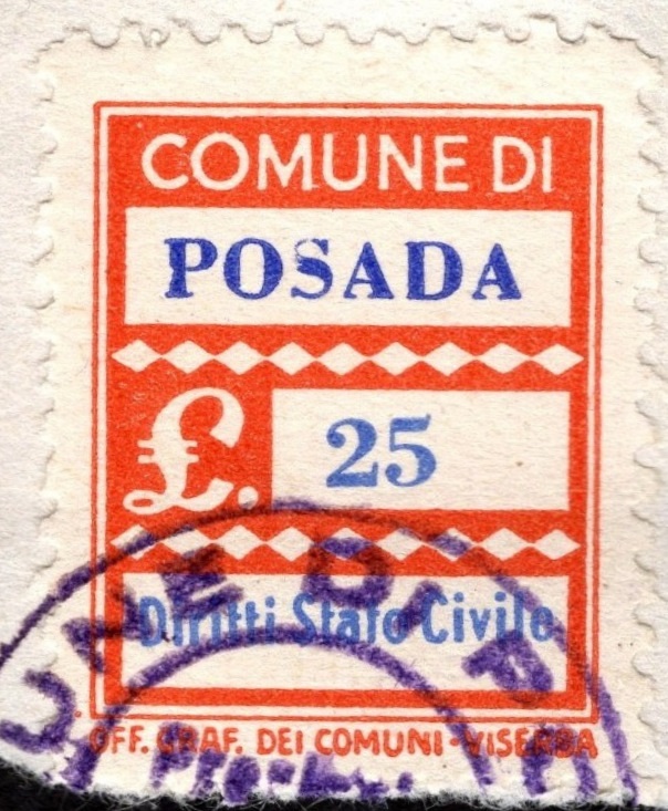 Marca da Bollo del Comune di POSADA su Carta Bianca di dimensioni 24 x 27 mm