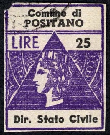 Marca da Bollo del Comune di POSITANO su Carta Bianca di dimensioni 22 x 28 mm