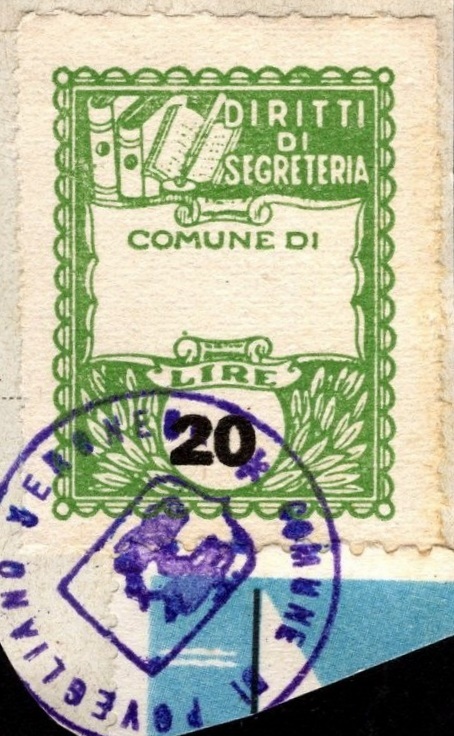 Marca da Bollo del Comune di POVEGLIANO su Carta Bianca di dimensioni 21 X 27 mm