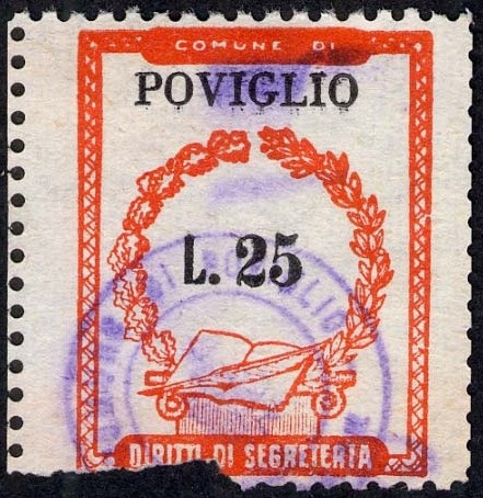 Marca da Bollo del Comune di POVIGLIO su Carta Bianca di dimensioni 20 x 26 mm
