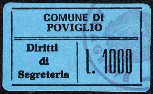Marca da Bollo del Comune di POVIGLIO su Carta Colorata di dimensioni 29 x 17,5 mm