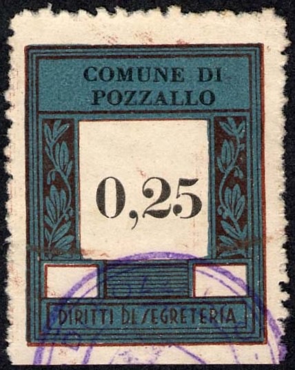Marca da Bollo del Comune di POZZALLO su Carta Bianca di dimensioni 23 x 29,5 mm